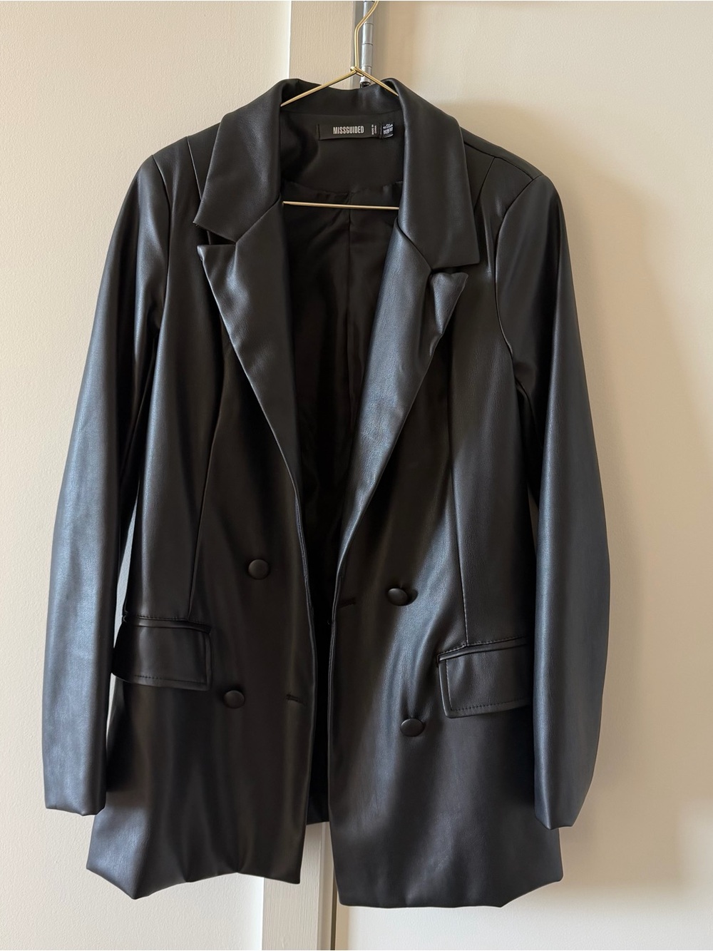Missguided Black Faux Leather Double-Breasted Blazer US 0
